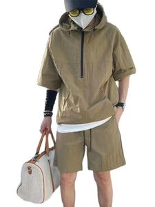 2Pcs Men Summer Tracksuit Shorts Set Hooded T Shirt Zipped Matching Solid Cargo Large Size Casual Suit 4XL Male Clothes y240506