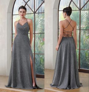 NEW Sparkle Grey Mermaid Bridesmaid Dresses Elegant Sleeveless Pleats Front Split Maid Of Honor Gowns Satin Evening Prom Dress BM3218