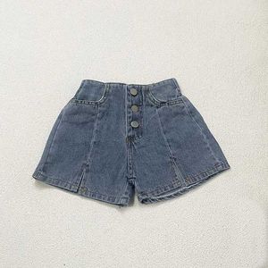 Shorts 2024 New Childrens Shorts Girls Solid Short Denim Shorts Childrens Jeans Summer Elastic Waist Pants d240516