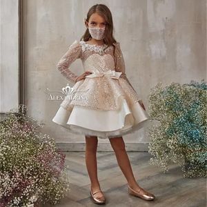 Glitter Pink Sequined Flower Girl Dresses Long Sleeves Lace Birthday Wedding Guest Robe De Demoiselle Princess Communion 231l