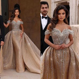 Luxurious Crystal Wedding Dresses Off the Shoulder Bridal Gowns with Overskirts Sequins Beading Custom Made Bride Dress Plus Size