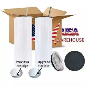 USA Warehouse 25pc/Carton Sublimation Tumblers 20オンスステンレス鋼二重壁断熱ストレートブランクホワイトウォーターカップと熱伝達のための蓋とストロー0516