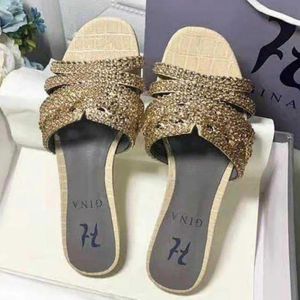 Nya kvinnor Gina Slipper Brand Sandal Shoes Ladies Flats klackar Lady Diamond Leather Black Golden Gold Wedding Botts