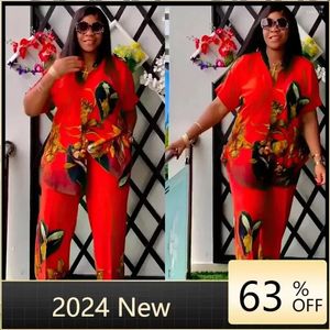 Ethnic Clothing Outfits 2 Piece African Clothes For Women Summer 2024 Fashion Short Sleeve Polyester Print Top Long Pant Matching Sets