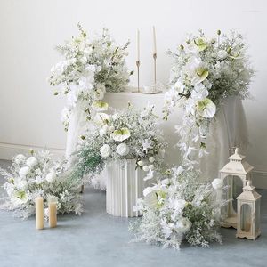 Dekorativa blommor Bröllopsbord Centerpieces Ball Party Backdrop Deco White Babysbreath Rose Orchid Palm Road Lead Flower Flower Row Window