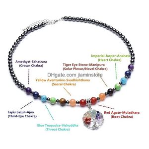 Bracelet Necklace Jln Seven Chakra Hematite Jewelry Set Healing Stone Stretch Beaded Chip Charm With Lobster Clasp For Girls And Drop Dhviw