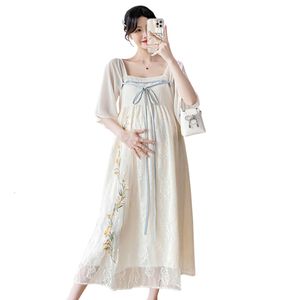 Verão em estilo chinês renda bordada para mulheres grávidas Hanfu Maternidade Sweet Square Collar Gollar Pregnand Holiday Dress