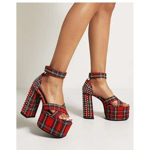 new 2024 style lady suede Ladies leather 14CM chunky high heel sandals solid 6CM platform peep-toe dance wedding party shoes size 34-43 buckle Gingham Trellis eeb5