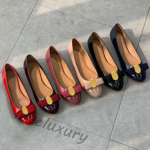 Women Dress Shoes designer shoes spring autumn Bright paint leather Bow Mid heels Coarser heel leather Metal buckle lady Flat boat shoe Large size 34-41-42 With box