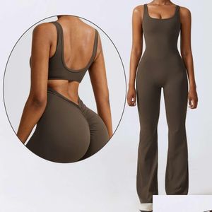 Yoga Outfit Lu Align Jumpsuit Woman U Back Hollowed Cutout Sleeveless Scrunch Butt Lift Dancing Bodysuit Padded Long Length Flared Dro Dh4Y7