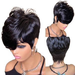 Pixie de curto corte ondulado indiano Bob Human Hair Wigs No Wig de renda com franja para mulheres negras Máquinas cheias feitas