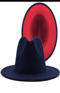Simple Navy with Patchwork Panama Wool Felt Jazz Fedora Hats Women Men Wide Brim Party Cowboy Trilby Gambler Hat4734969