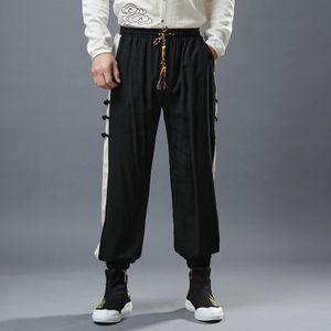 Calças casuais masculinas trajes de lanterna solta calça de lanternas chinesas de estilo chinês de cofros elásticos de copo esportiva de roupas esportivas étnicas