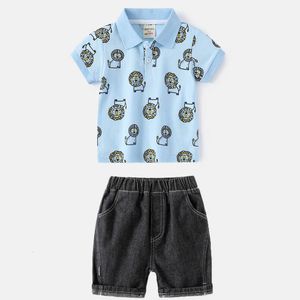 Boys Lion Polo T Shirts Jeans Shorts 2pcs Clothing Sets Korean Summer Kids Clothes Suits Childrens Fashion Outfits Sport Wear 240515