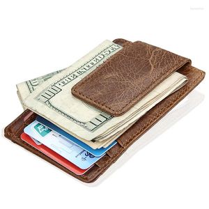 Storage Bags Fashion Vintage Genuine Leather Men Front Pocket Magnetic Money Clips ID Holder Wallet