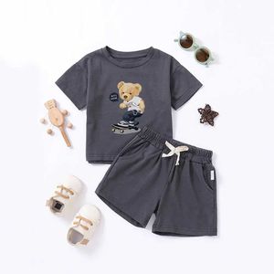 Set di abbigliamento Short corti corti da bambino set da uomo e femminile stampato estate marrone orso luna wx