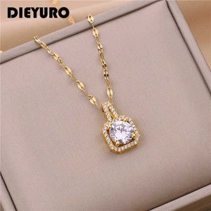 Подвесные ожерелья Dieyuro 316L Квадрат из нержавеющей стали 3-цвета хрустального циркона Clavik Chain Высококачественное подвесное ожерелье для красоты J240513