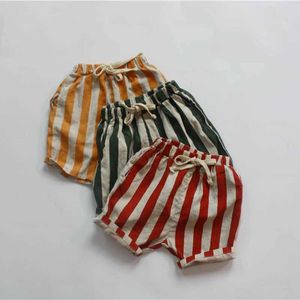 Shorts Childrens Summer Linen Cotton Shorts 1-6 Year Old Boys and Girls Vertical Stripe Loose Knee Pants d240516