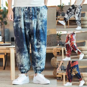 Calça masculina homens de verão moda casual harajuku harém 2024 linho de algodão impressão de calças de tamanho grande