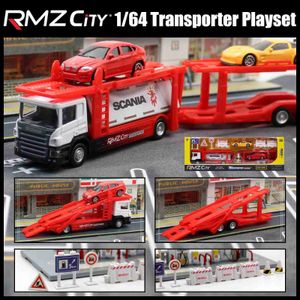 Diecast Model Cars RMZ City 1 64 Scania Transporter Truck Low Trailer Minor Model with Traffic Signs Boys WX