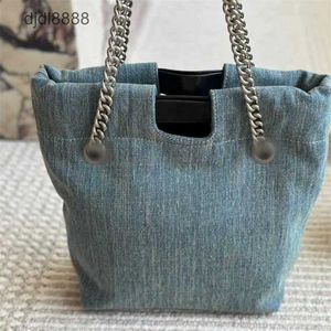 Middle Aged Fashionable Washed Denim Distressed Curl Tote Chain Crossbody Womens Bag D4L5