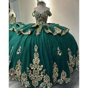 Zielone sukienki quinceanera sukienki do balowych aplikacje cekinowane z ramion lśniących sukcesów urodzinowych vestidos de fiesta