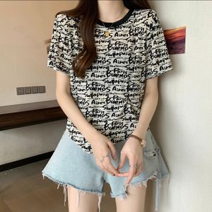 Plus-size Women's Design Sense Letter Print DrawString Pleated Short Sleeved Slim-Fit Base T Shirt mode mode