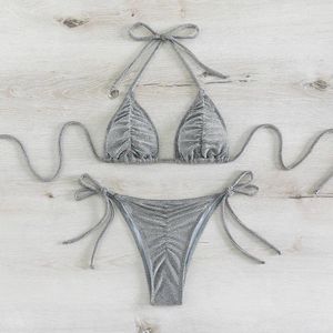 Triângulo sexy do triângulo sexy feminino Push Up Bikini Silver Glitter Ruched Bikinis Mulheres amarradas cordas brasileiras