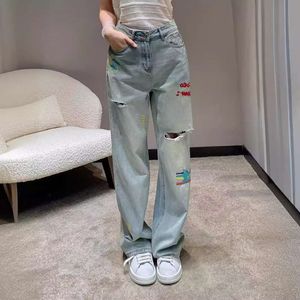 Women's Jeans Nanyou Quality Xiaoxiang 24 Summer New Colorful Embroidery with Broken Holes, High Waist, Slim and Versatile Straight Leg Soft for Women