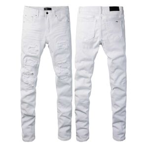 American Style High Street Distressed Patch live sändning med retro vita klassiska elastiska jeans