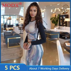 Work Dresses 5sets Bulk Items Wholesale Lots Dress 2 Piece Set For Women Outfits Print Long Sleeve Tops And Skirt Suits Y2k Clothing M12679