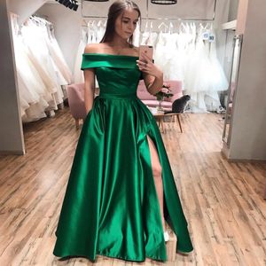 New Elegant Green Prom Dresses Strapless Satin Slit Party Maxys Long Prom Gown with Pockets Evening Dresses Robe De Soiree 219n