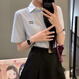 Women's T-shirt Mm Family 24ss New Vertical Stripe Contrast Lapel Short Sleeved Shirt with Half Skirt Set Embroidered Letter Embellishment