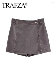 Women's Shorts TRAFZA Autumn Fashion High Waist Zipper Asymmetrical Faux Leather Casual Retro Washed Skirts