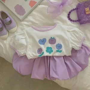 Set di abbigliamento set estivo per ragazze 2024 Nuove bambine pantaloncini viola+t-shirt top girl set a due pezzi wx