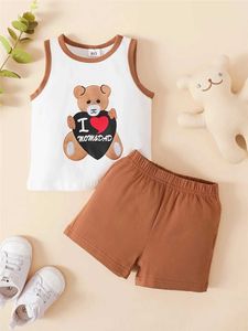 Clothing Sets 0-18Months Newborn Baby Boy Clothes Set Bear Print Sleeveless Vest Top + Shorts Summer Daily Casual 2PCS Outfit Y240515