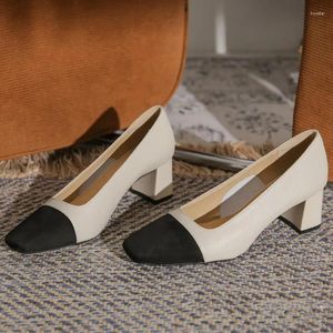 Dress Shoes 2024 Summer Women 5cm High Heels Real Leather Office Daily Pumps Female Mix Colors Square Toe Lady Elegant Work