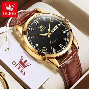 Armbandsur Olevs Original Mens Quartz Watch Leather Strap Diamond Design Fashionable and Simple Business Watch Mens Automatic Date Watchl2304