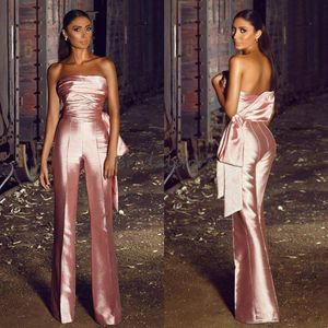 Hot Trend Rose Pink Jumpsuit Evening Dresses Sexy Strapless Silk Satin Pant Prom Party Dresses With Big Bow 2021 Cheap robes de soiree 241q