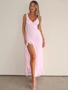 Mozision Элегантное рукавочное оборки сексуальное длинное платье для женщин Summer V Seck без спинка бедра высокое расщепление макси 240514