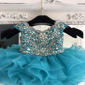 Teal Little Girl Pageant Dress for Infant Toddler Kids 2019 Cupcake Glitz Crystal Rhinestone Ruffle Baby Girl Prom Dance Gown Scalloped 185a