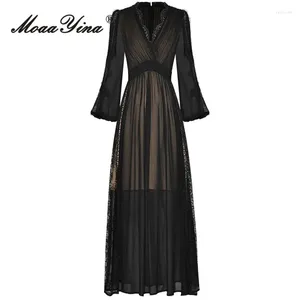 Casual Dresses MoaaYina Spring Fashion Runway Black Vintage Party Dress Women V Neck Long Sleeve High Waist Ruched Lace Spliced Slim
