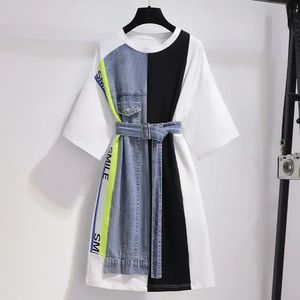 Sommer Patchwork T -Shirt Kleid Frauen Koreanische Ulzzang Kausale Party Schärpe Streetwear Plus Size Fake Zwei -Stück M4xl 240516