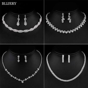 Bröllopsmycken set Blijery Silver Plated Crystal Bridal Set Geometry Necklace Earrings Womens