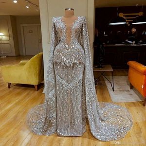 Sparkly Full Sequined Long Sleeves sjöjungfru aftonklänningar med Wrap Luxury Silver Prom Dress Formal Party Pageant -klänningar 2021 260U