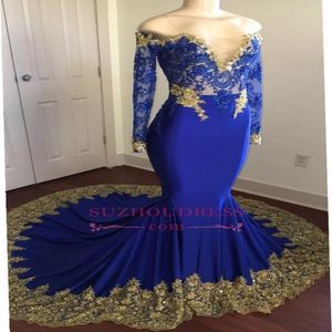 Vestidos de baile azul royal de luxo de luxo de mangas longas de renda de renda de renda de renda de sereia longa e longa festa de dama de honra 279d