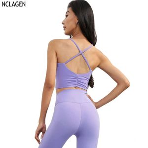 Nclagen Sports Bra Pilates Detachable Chest Cushion Yoga Vest Thin Shourdle Strap Fiessトップランニング服女性クロスL2405