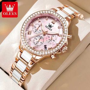 Wristwatches OLEVS 9999 New Elegant Mirror Diamond Quartz Womens Watch Time Waterproof Watch Ceramic Steel Band WatchL2304