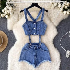 Frauen Tracksuits Mode sexy Denim Anzüge Button Backless Mini Tanktops Gurte Super Shorts Frauen süße nackte Mittlere Zwei Stücke Sets