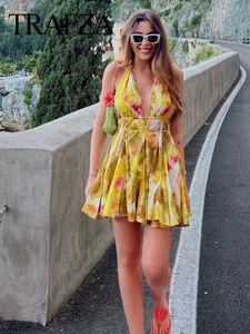 Trafza Women Fashion Print Halter Mini Dress Sexig backless ärmlös V Neck Summer Boho Woman Holiday Beach 240513